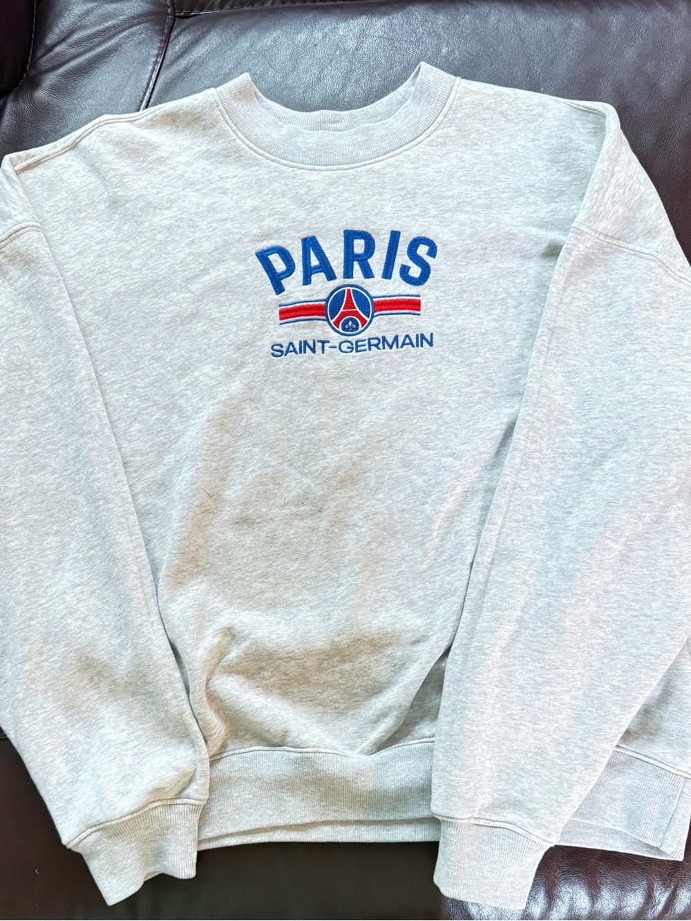 Hollister Light Gray Crewneck with Blue & Red Paris Embroidery